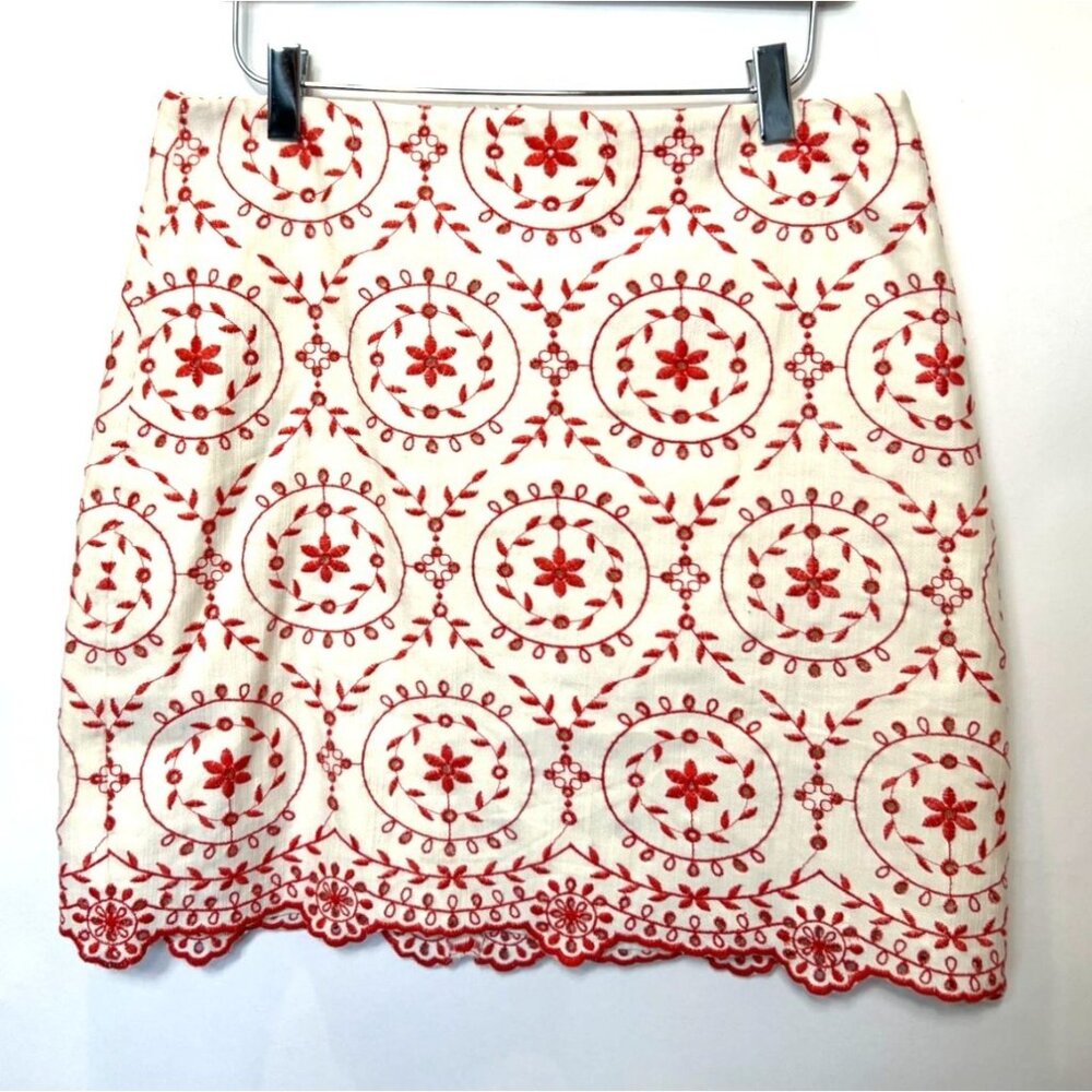 LOFT Outlet Scalloped Hem Embroidered Skirt Size 6 Red/Orange Floral Pattern